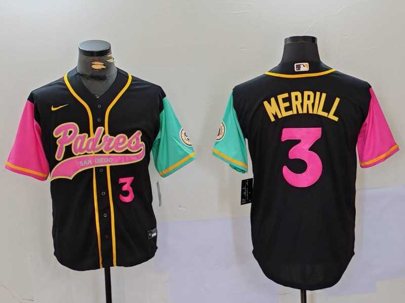 Mens San Diego Padres #3 Jackson Merrill Number Black NEW 2023 City Connect Cool Base Stitched Jersey